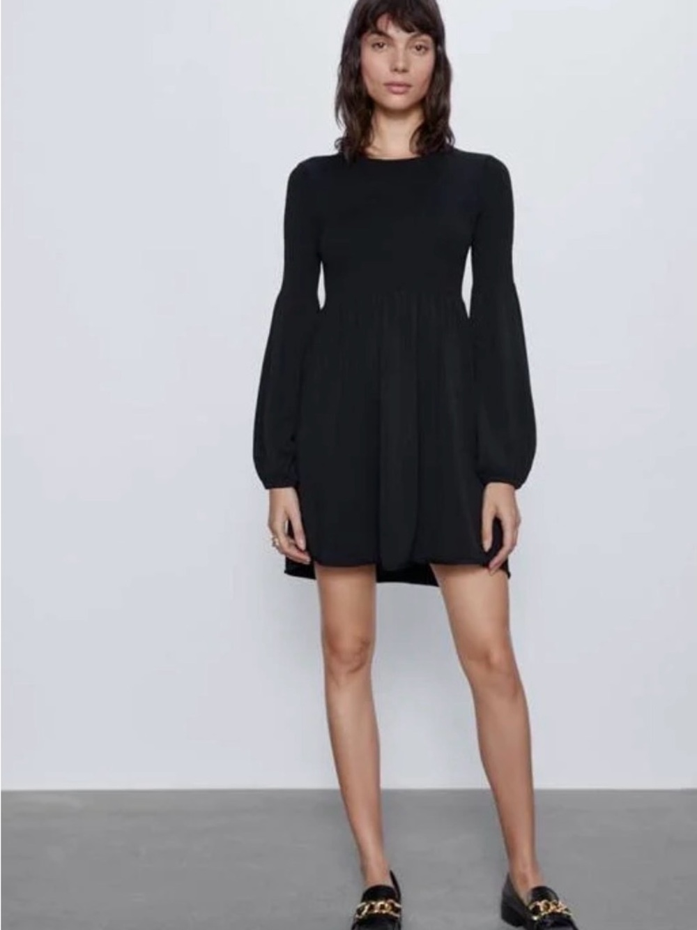 ZARA Smocked Black Peasant Sleeve Mini Dress S